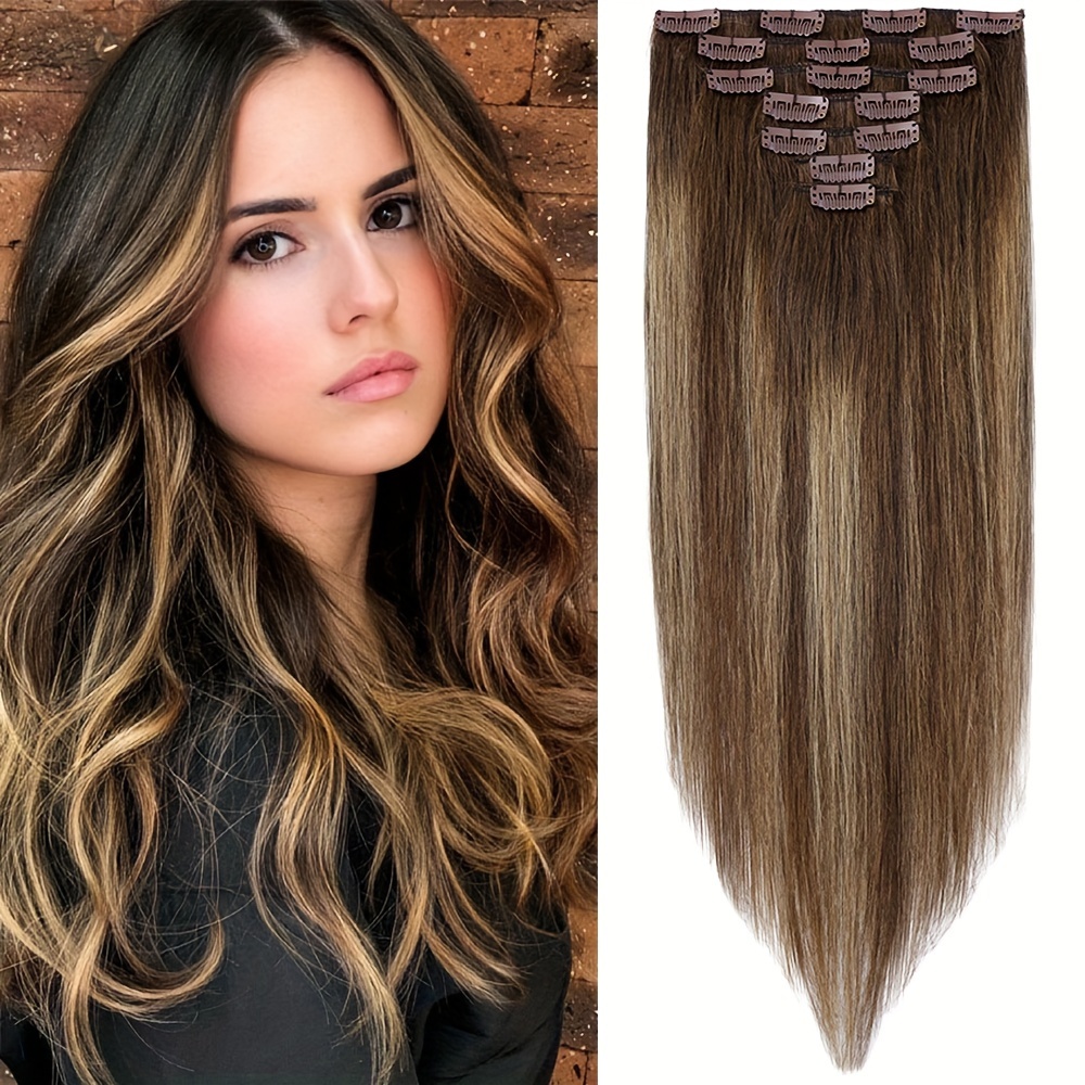 luxurious 7pcs clip in hair extensions set soft silky straight remy human hair in brown black 125g each 16 clips per pack 14 22 lengths