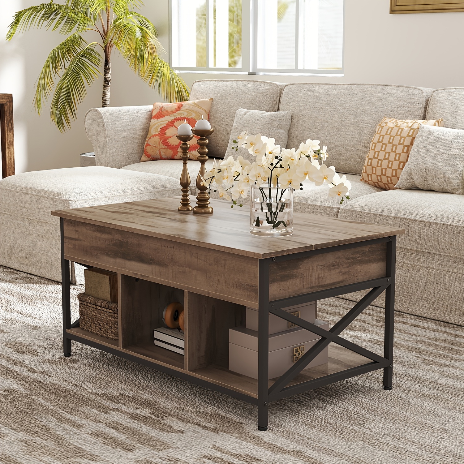 Storage Table, Open And Concealed Storage Compartments, Height-adjustable Living Room Table, 60 X 100 X (48-62) Cm, With X-shaped Support Frame, , Camel Brown-black