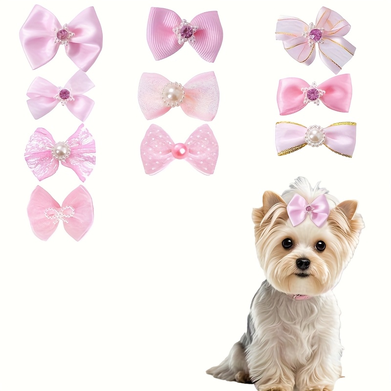 Image of 10pcs Hair Tie Set - Elastic Rubber Bands In A Handmade Mix (includes Lace, Rhinestones, And Pearls), Suitable For Long-haired Puppies And Kittens