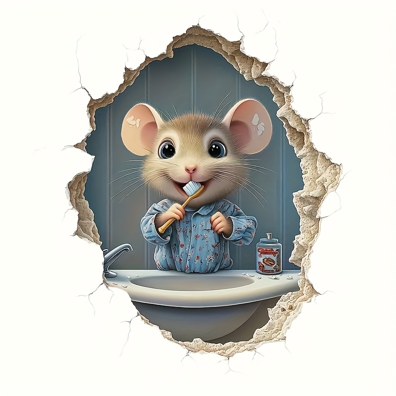 Image of A Cute Cartoon Mouse Toothbrush Wall Sticker, Suitable For Decorating Cabinets, Doors, Windows, And Home Background Walls, Making It A Gift