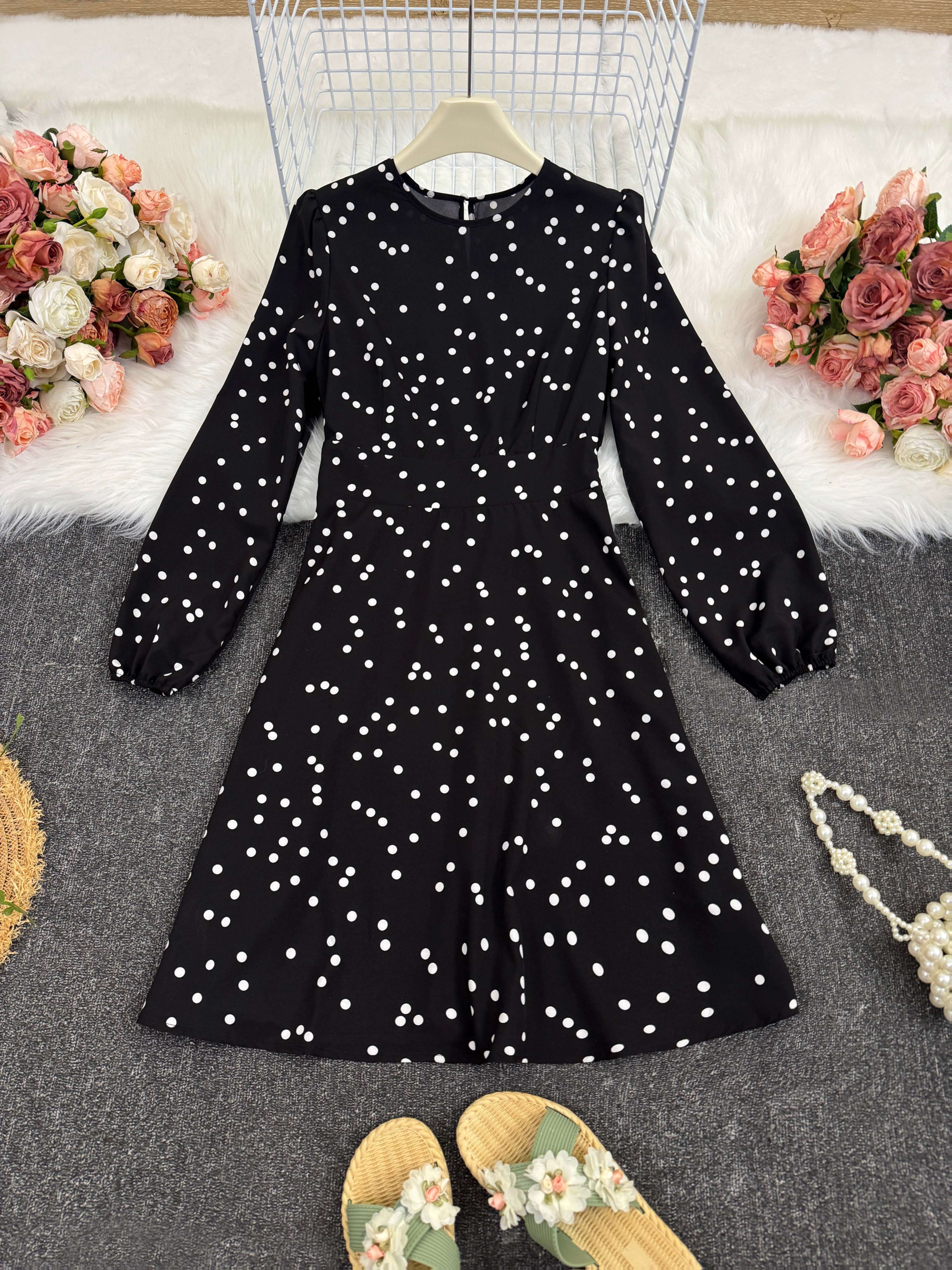 chinese dress ladies Black And Gold Polka Dot Long Sleeve Frill Hem Mini Dress – AX Paris US main image 0