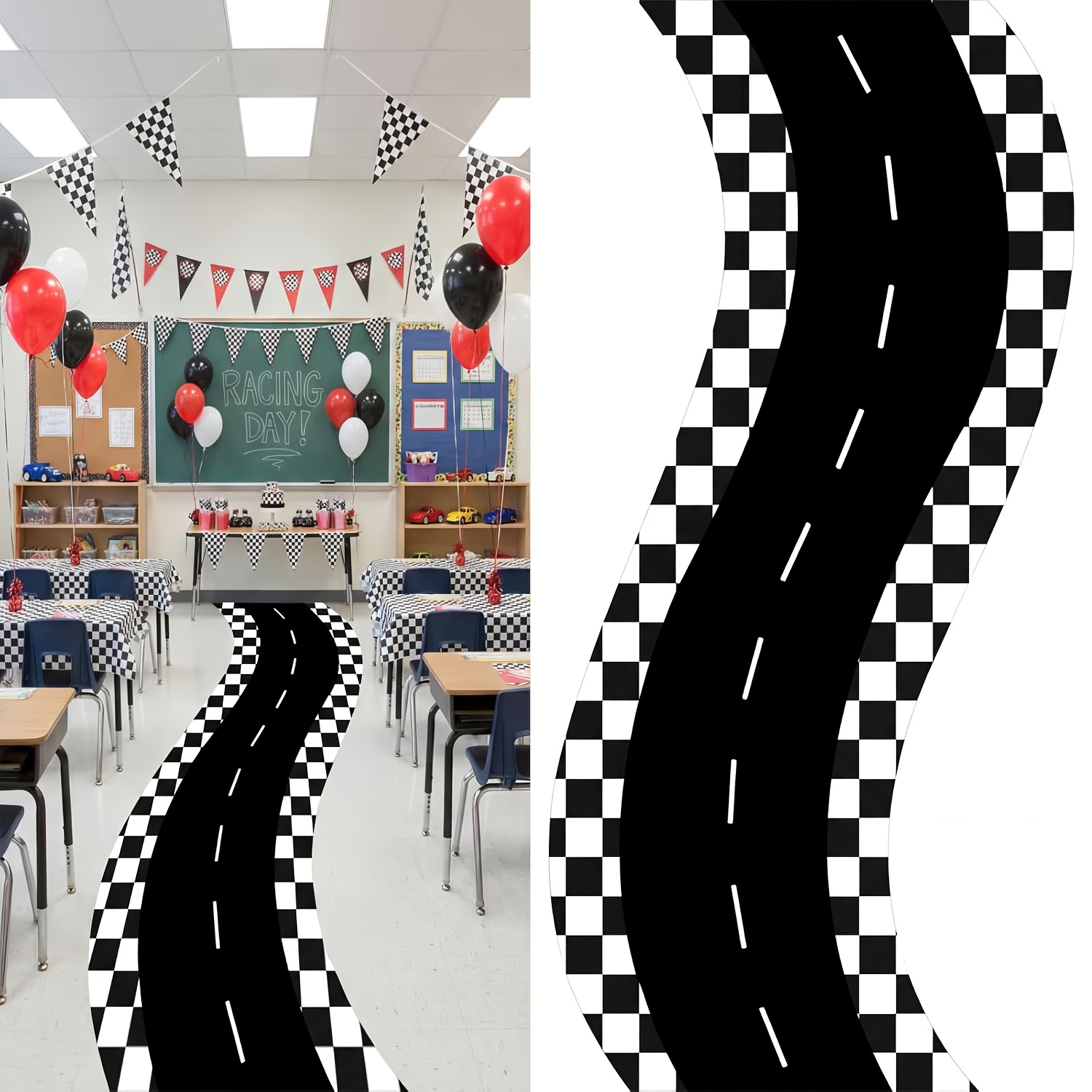 TEMU Racing Suitable For Party Decorations - Checkered Banner With Racing Track, Machine Washable For Themed Aisle Decor, Track Layout For