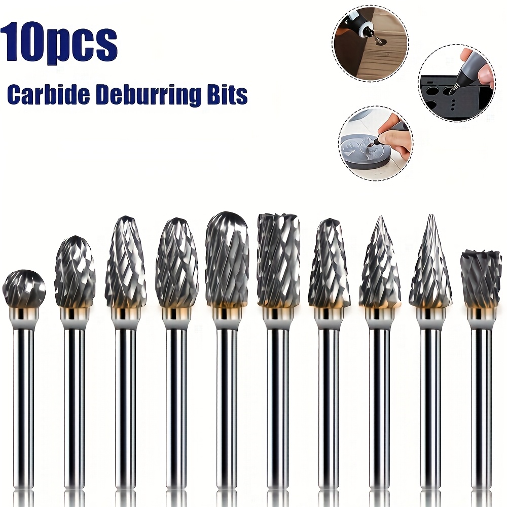 

10pcs/set Double Carbide Rotary Drill Bit Set, 1/4 Shank Die Grinder Drill Bits, Rotary Tool Attachment Accessories For Woodworking, Drilling, Metal Engraving, Carving, Polishing