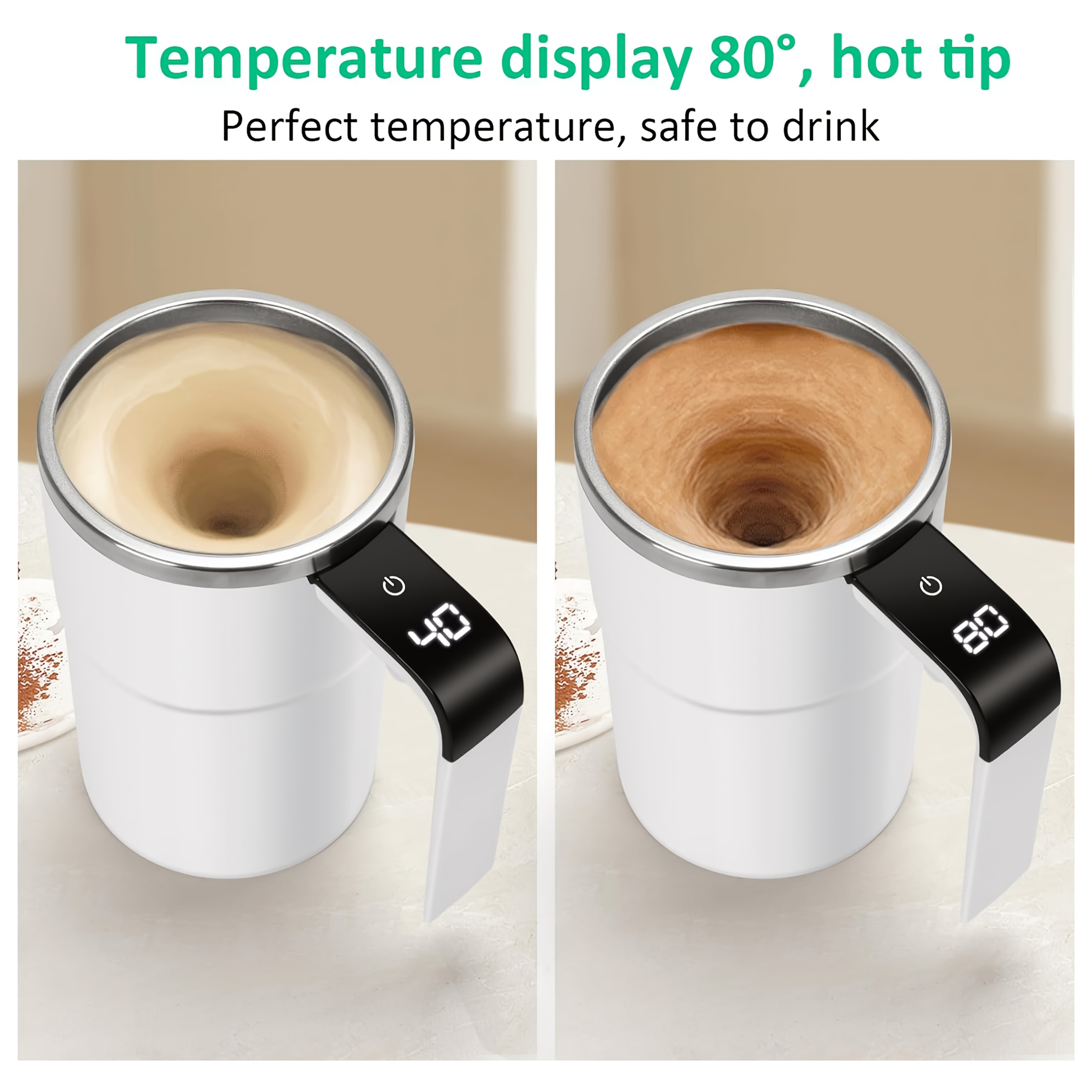 自搅拌智能咖啡杯带温度显示和自动混合 - usb可充电304不锈钢旅行杯，一键操作，实时°c/°f屏幕，兼容智能手机/平板电脑 - 理想礼物 商品详情 1