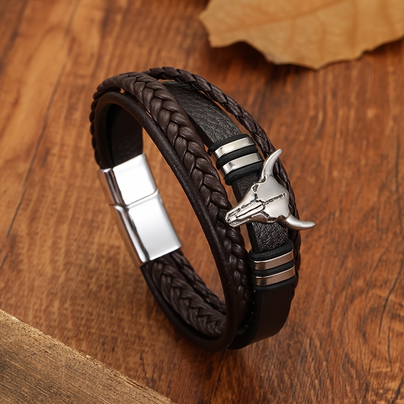 Men's Pu Leather Bracelet, Braided Design, Punk Style Unique Alloy Metal Clasp, Ideal Gift For Men, Trendy Men's Fashion, Black Pu Leather Jewelry