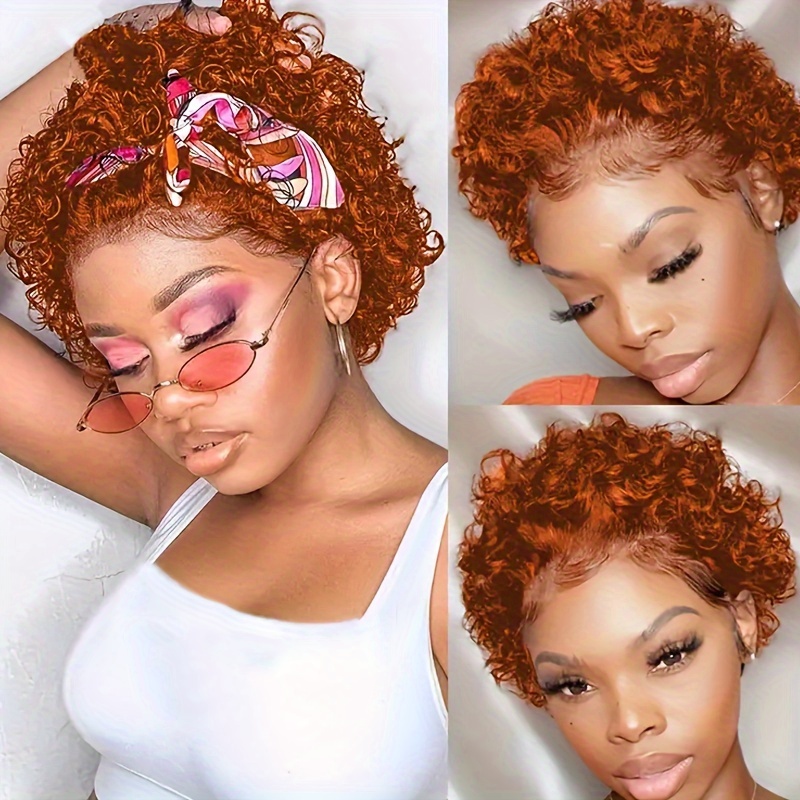 Ginger 350 Short Curly Human Hair Wigs Cut Curly Lace Front Human Hair Wigs For Women 6 Inch 13x1 Transparent Lace Frontal Wigs Water Wave Dark To Color halloween