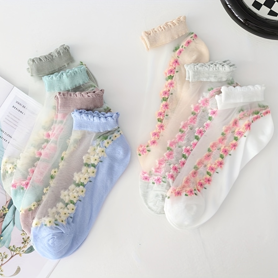 7 Pairs Of Women's Thin Socks, Spring And Fiber Lace Crystal Boat Socks, Breathable And Sweat-absorbing Short Socks