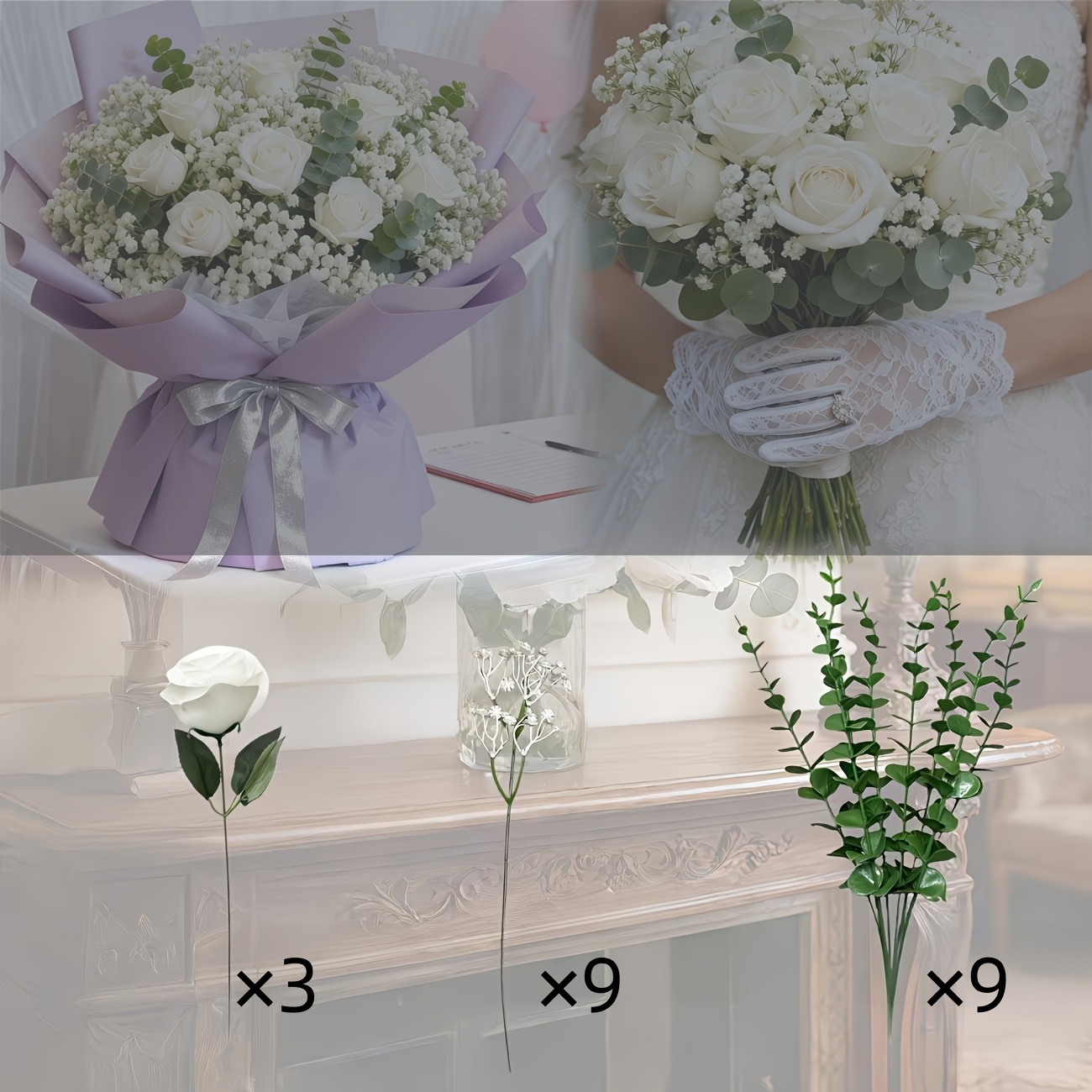TEMU 21pcs Set White Rose/'s Breath/eucalyptus Artificial Bouquet - Home Decor - Holiday Decor - Wedding Decor - Wedding Bouquet, Wedding-windowsill