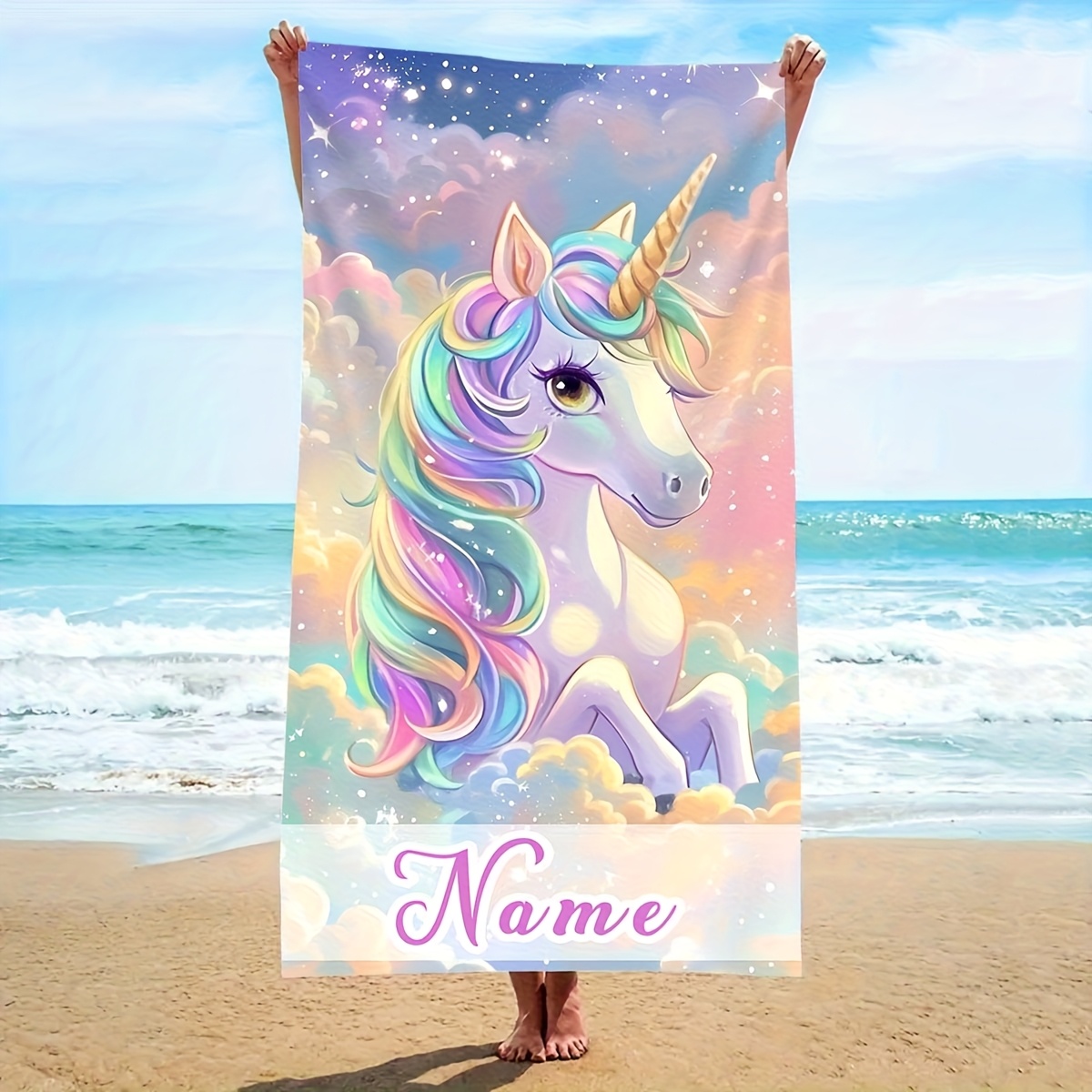 TEMU 1pc Customizable Unicorn Design - Beautiful Pattern - Beach Towel, Perfect For Travel, Essential Lightweight Camping Gear, Must-have For The