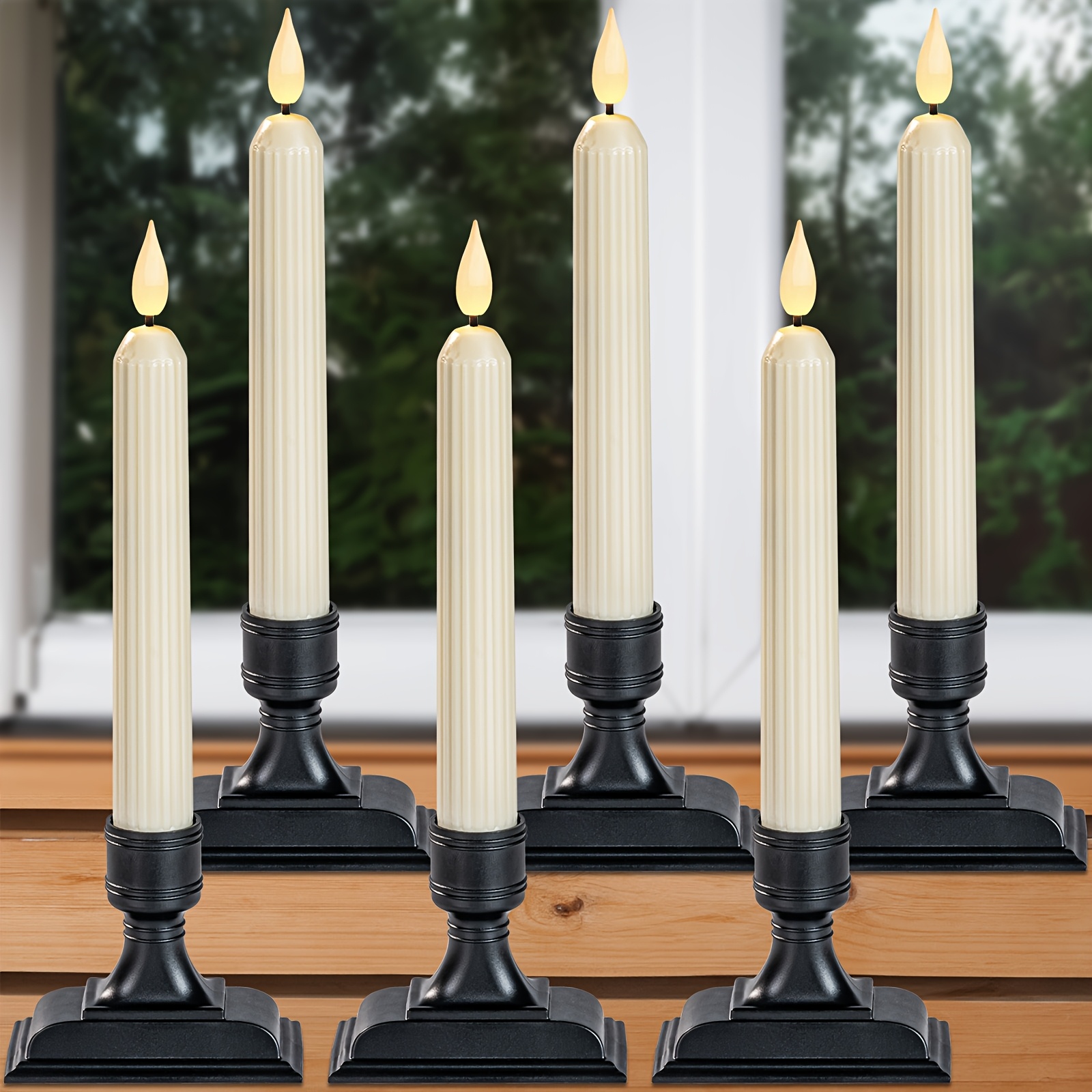 

6pcs Window Candles With Sensor , Ivory Candlesticks With Black Holders, Battery Operated Roman Christmas Window Candles, Led Flameless Taper Candles For Window