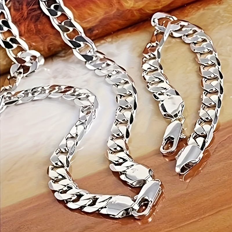 

European And American Popular Fashion Men And Women Silver Plated 12mm Flat Chain Nk Chain Bracelet Necklace Set Combination 2pcs Gift