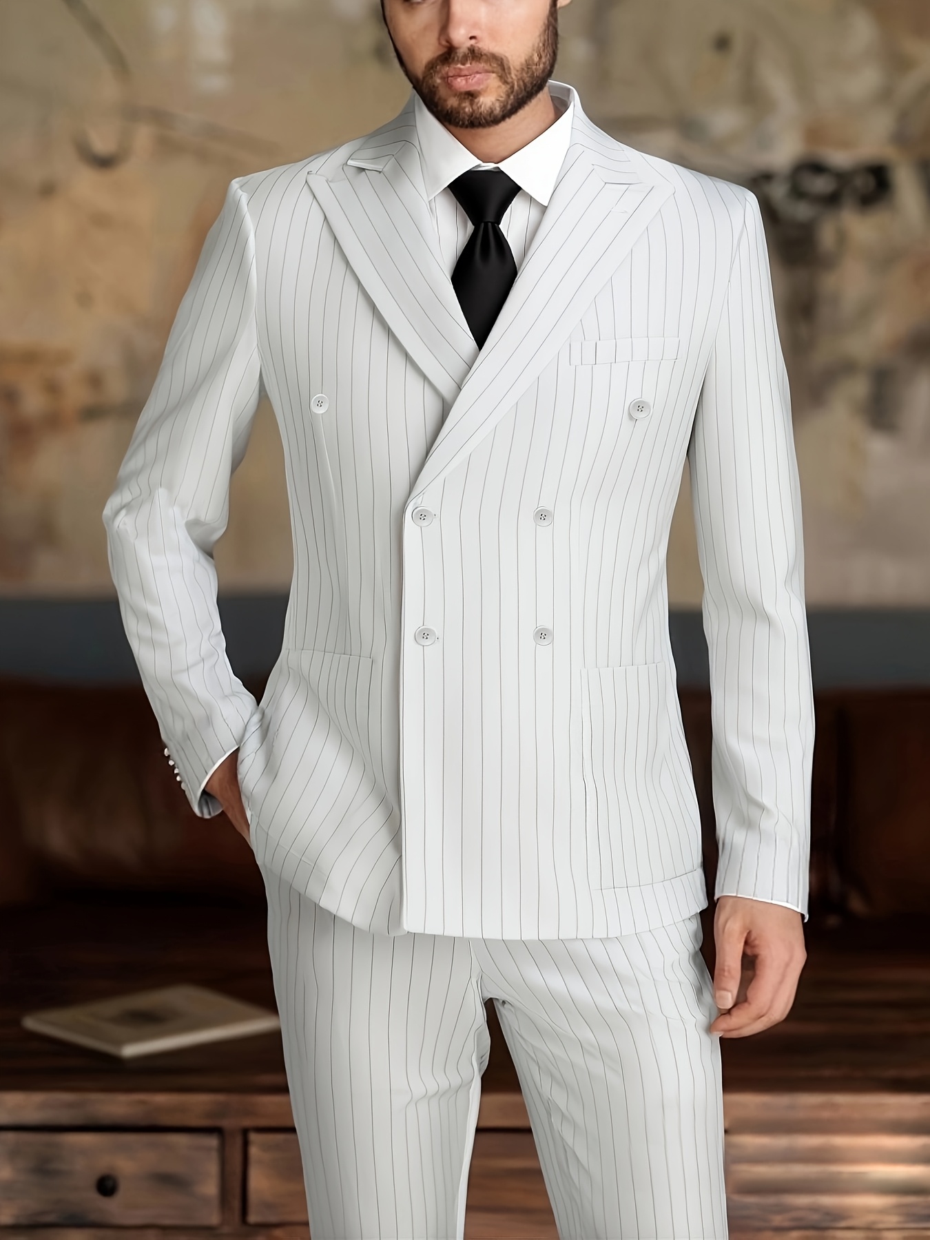 mens striped suit with double breasted business attire excluding accessories white 0