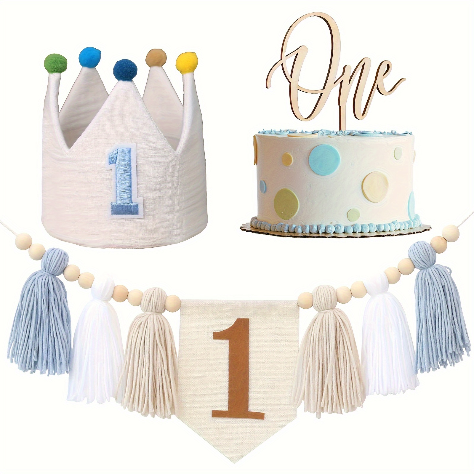 

3pcs Handmade First Birthday Decor Kit - Tassel Garland, Number "1" Crown Hat & Cake Topper - Ideal For Room & High Chair Decorations, Party Favors & Photo Props, Birthday Party Decorations