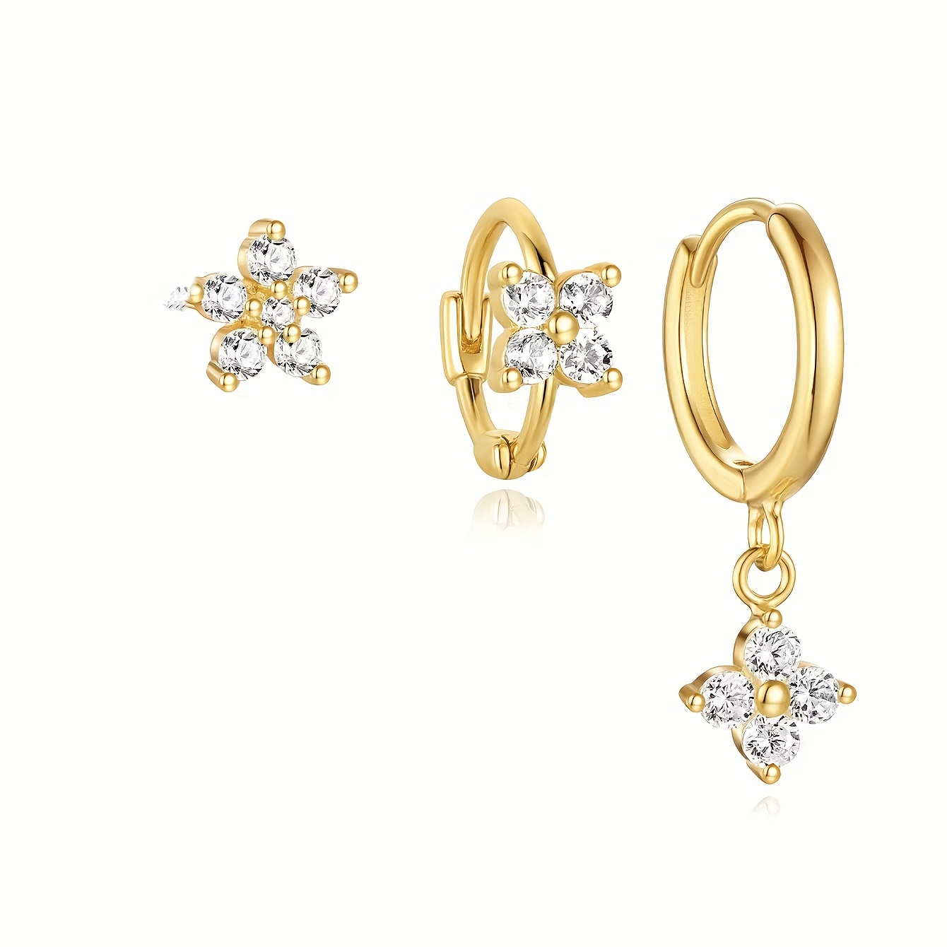 E-shop 3er-Set Damen-Cirkelohrringe mit kleinem Blumen-Anhänger, schlichte, stilvolle vielseitige Ohrringe, geeignet für den täglichen Arbeitsweg,