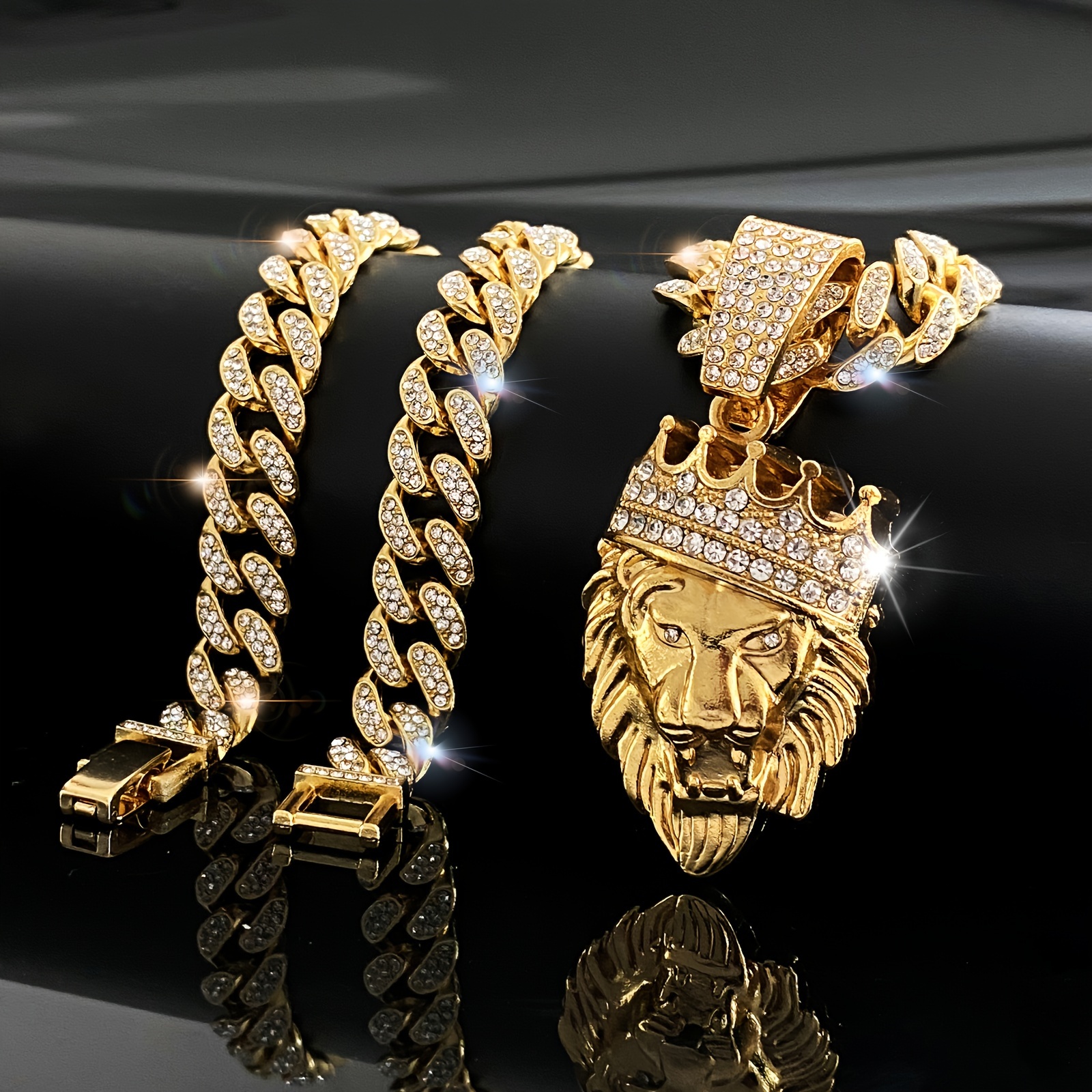 

Crown Lion Head Zinc Alloy Pendant Necklace, Hip Hop Man Full Of Cuban Chain