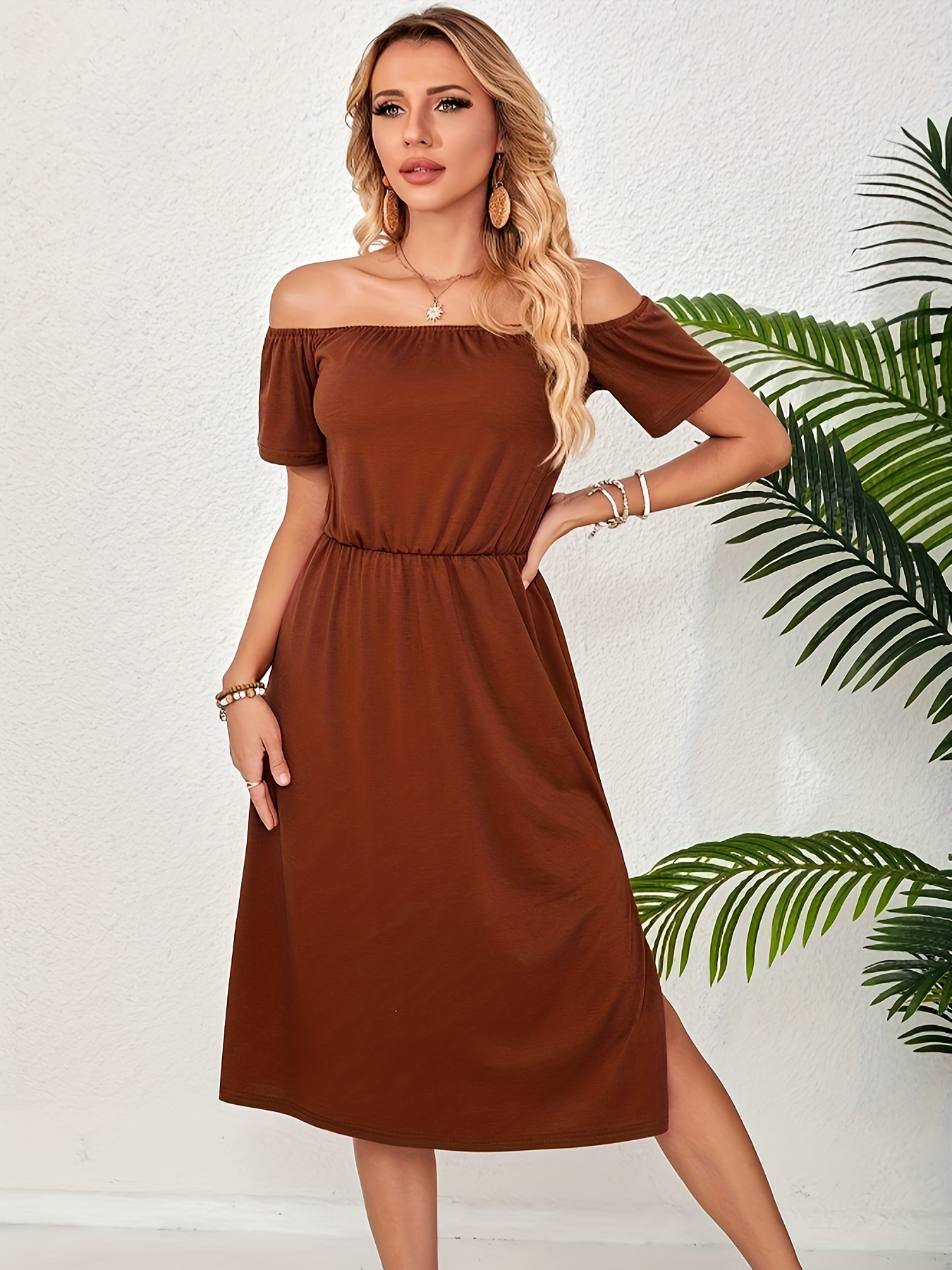 Shoulder Cinched Waist A Line Dress Elegant Short Sleeve - Temu