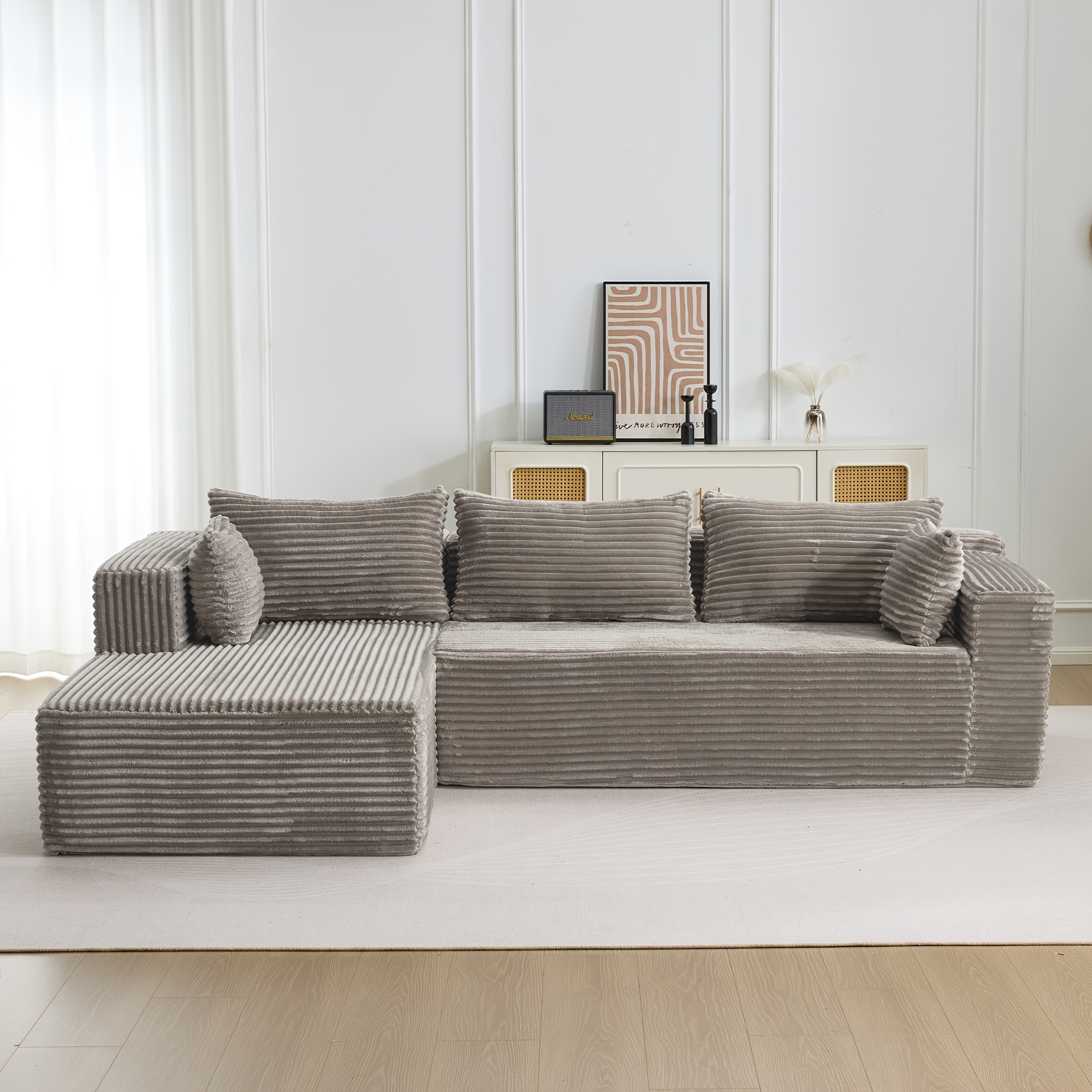 Image of Compression Sectional Couch With Comfy Chaise, Boneless L Shape Sofa With Deep Seat, Minimalist Modular Couches Sleeper For Living Room Bedroom Apartment Lounge, Corduroy