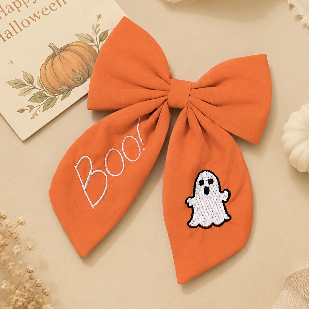 TEMU 1pc Halloween Hair Bow Clip For, Embroidery Boo Pumpkin Hat Bow Hair Barrette, Elegant Halloween Costume Hair Accessory For Holiday Party Decor