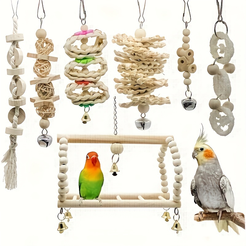 

7pcs Bird Parrot Swing Chewing Toys With Bells, Natural Wood Hanging Cage Toys For Parakeets, Cockatiels, Conures, Random Colors, Multi-shape Set