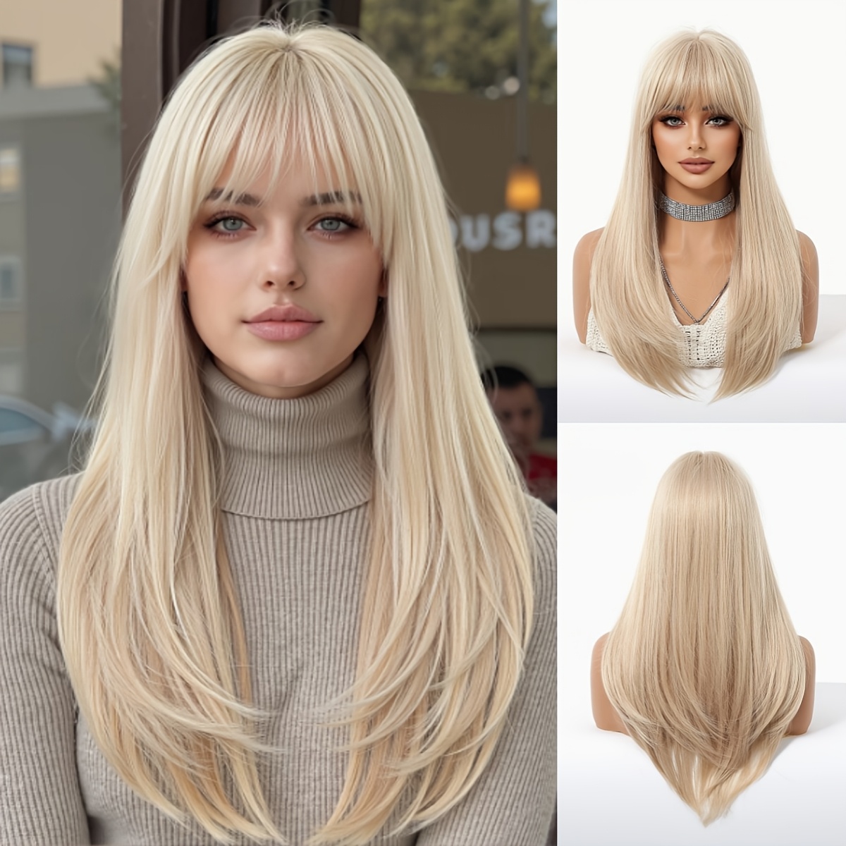 E-shop Eine elegante 26-Zoll lange, gerade Perücke in Gold aus hitzebeständigem Synthetikfaser mit geradem Pony. Bietet ein natürliches Aussehen, ist