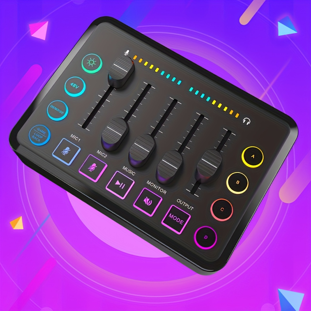ميكسر لعبة، ميكسر بث مع واجهة ميكروفون XLR، ميكسر RGB للكمبيوتر مع تحكم في مستوى الصوت، 48 فولت للطاقة الخفية للاستخدام في البث/التسجيل/صوت الألعاب