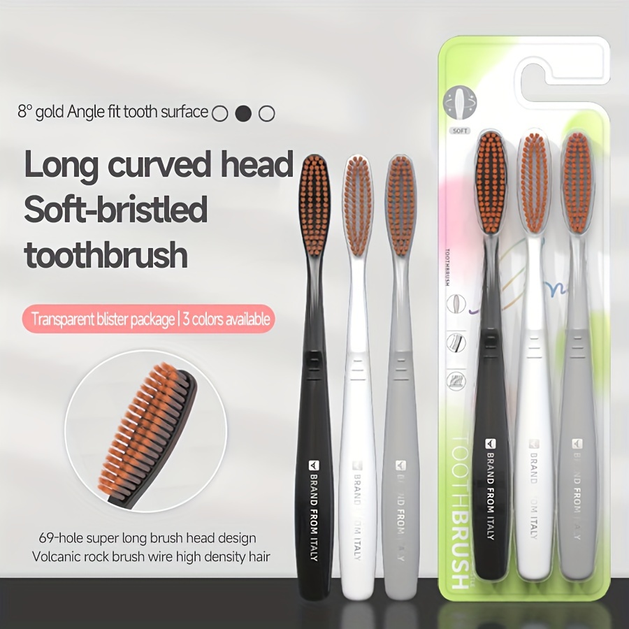 

6 Long-head Soft-bristled Adult Manual Toothbrushes, Streamlined Curved Brush Heads, Non-slip Handles, Three-color Family Set, Deep Cleaning Teeth