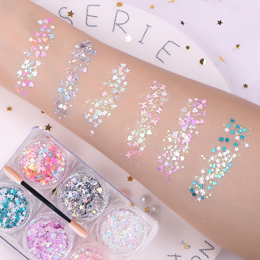 6pcs/Set Hearts & Stars Mermaid Glitter Sequins - Holographic Iridescent Shiny Nail Glitter for Nail Art, Face, Body, Hair, Eye Party Makeup for Music Festival