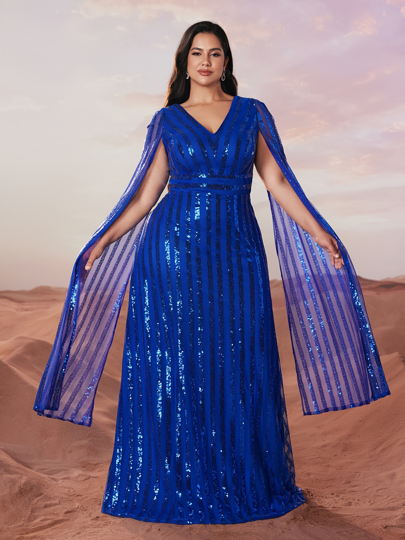 plus size plus size maxi gown a v neck sequin poncho sleeves - Temu Oman