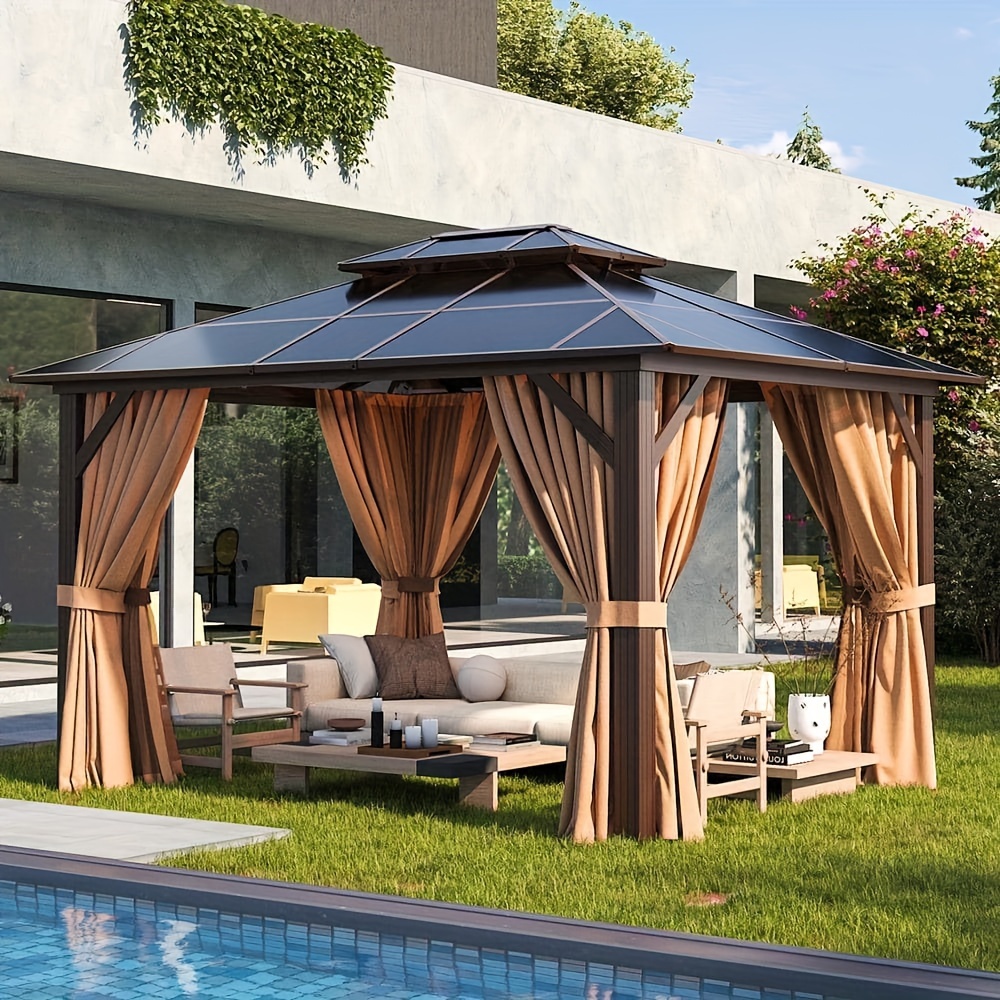 

Outdoor Polycarbonate Gazebo, 10x12ft Heavy Duty Double Roof Gazebo With Aluminum Frame And Netting And Curtains For Patios