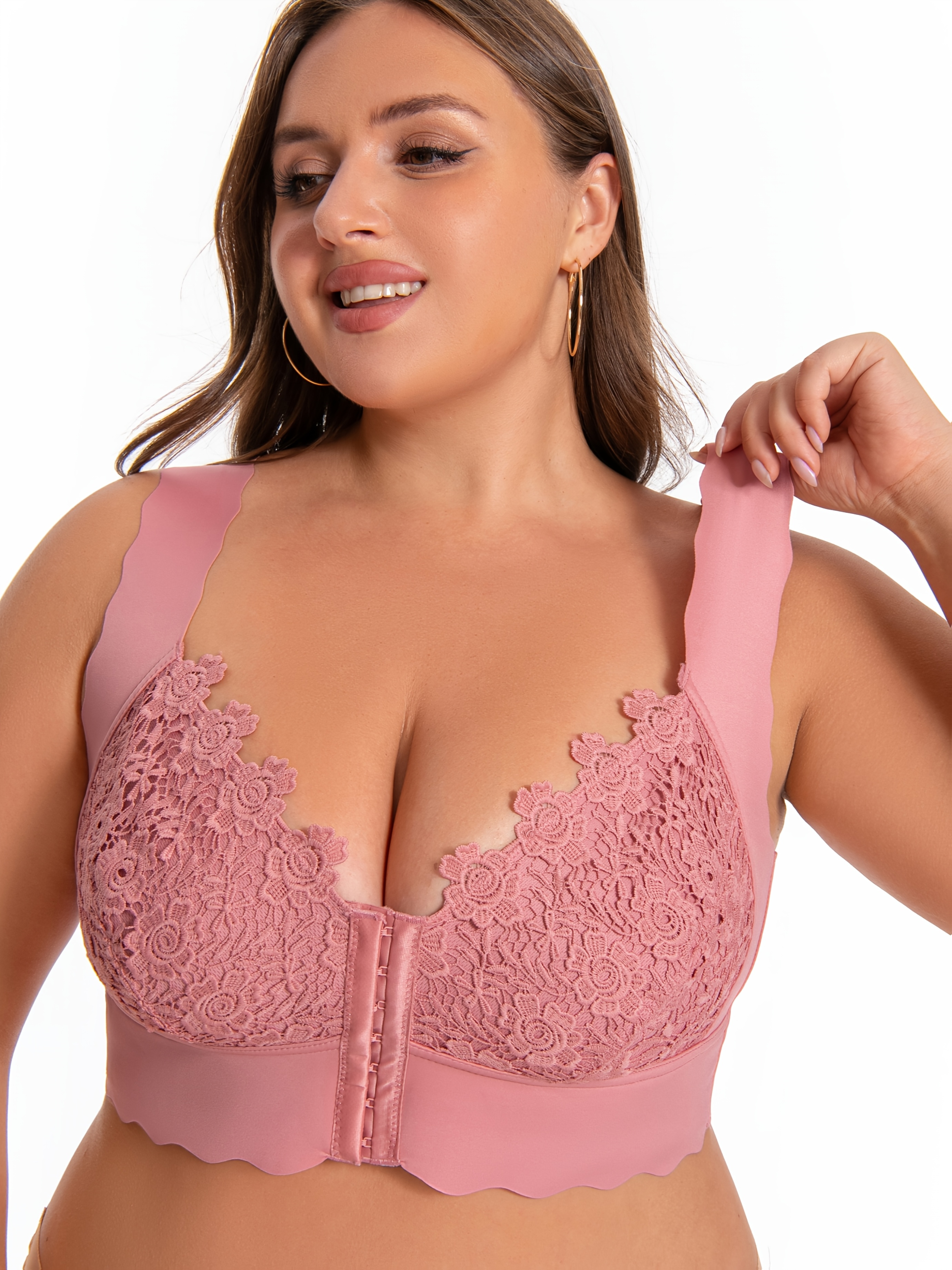 Plus Size High Support Seamless Non-Wired Wide Shoulder Strap Bra with Front Closure, Lace Detailing, V-Neck, Stretch Design, Comfortable Breathable, Suitable for Casual Attire, Ultra-Fitted Vest Style