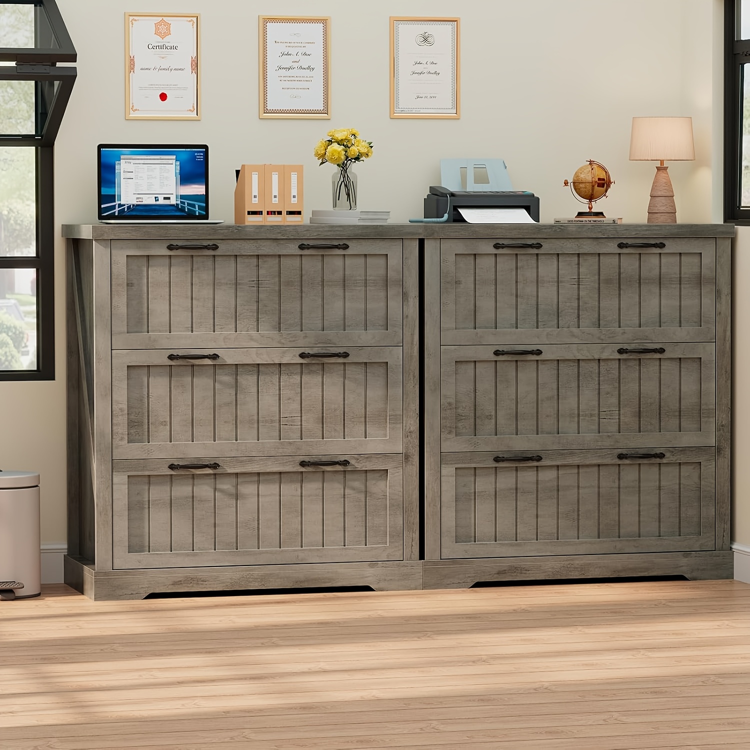 A Rustic Sideboard Storage Cabinet Featuring Three Wooden Drawers, Designed for Multiple Uses. This Stylish File Cabinet Serves As Accent Furniture Suitable for The Living Room, Entryway, Home Office, Or Kitchen, Available in White, Brown, And Grey