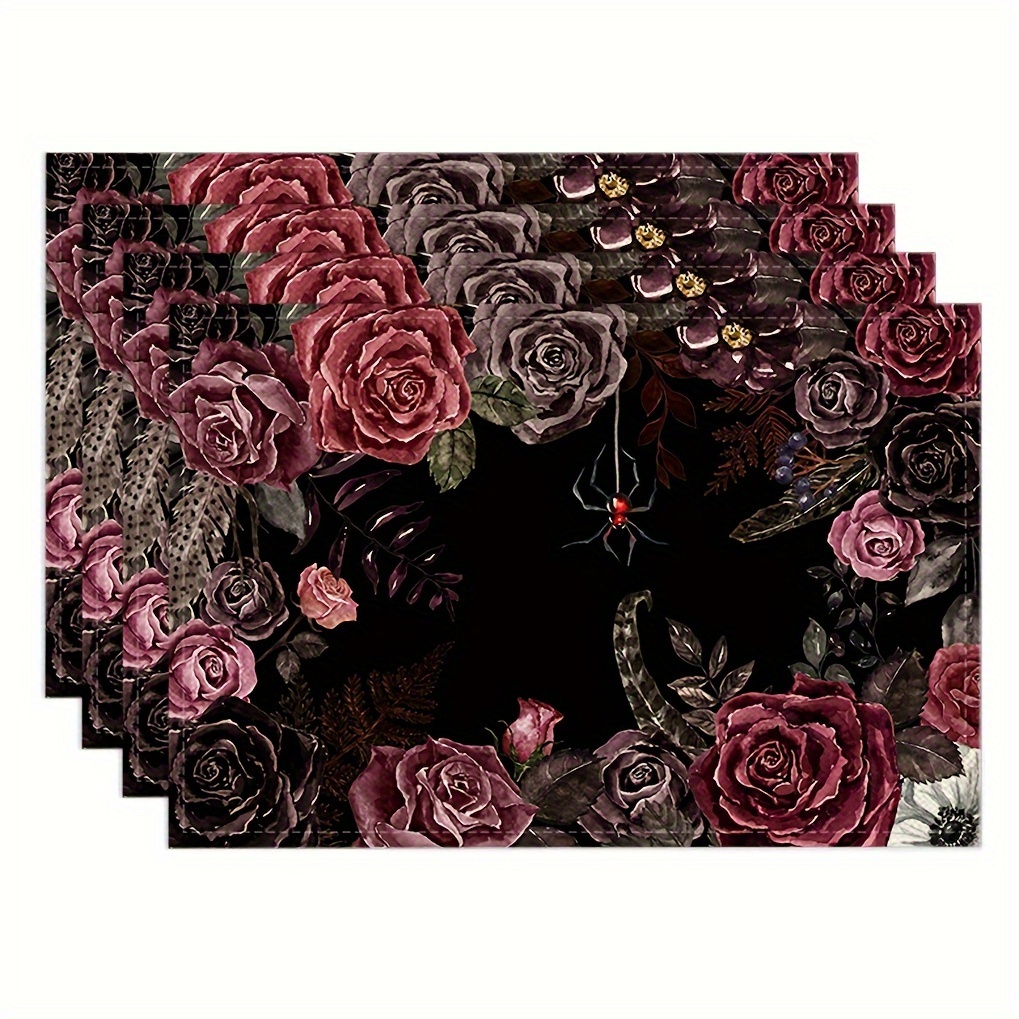 

4pcs Spider Rose Halloween Table Mats - 12x18 Inch, Black Retro Design, Party & Kitchen Decor, Machine Washable Polyester, Spider Rose, Halloween, Table Mat, Decoration