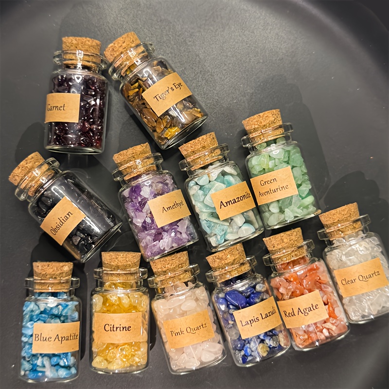 E-shop 12 Stk. Boho Naturkristall-Glasfläschchen mit Steinspänen, geeignet für DIY-Schmuckherstellung, ovale Wunschfläschchen für böhmische Geschenke,