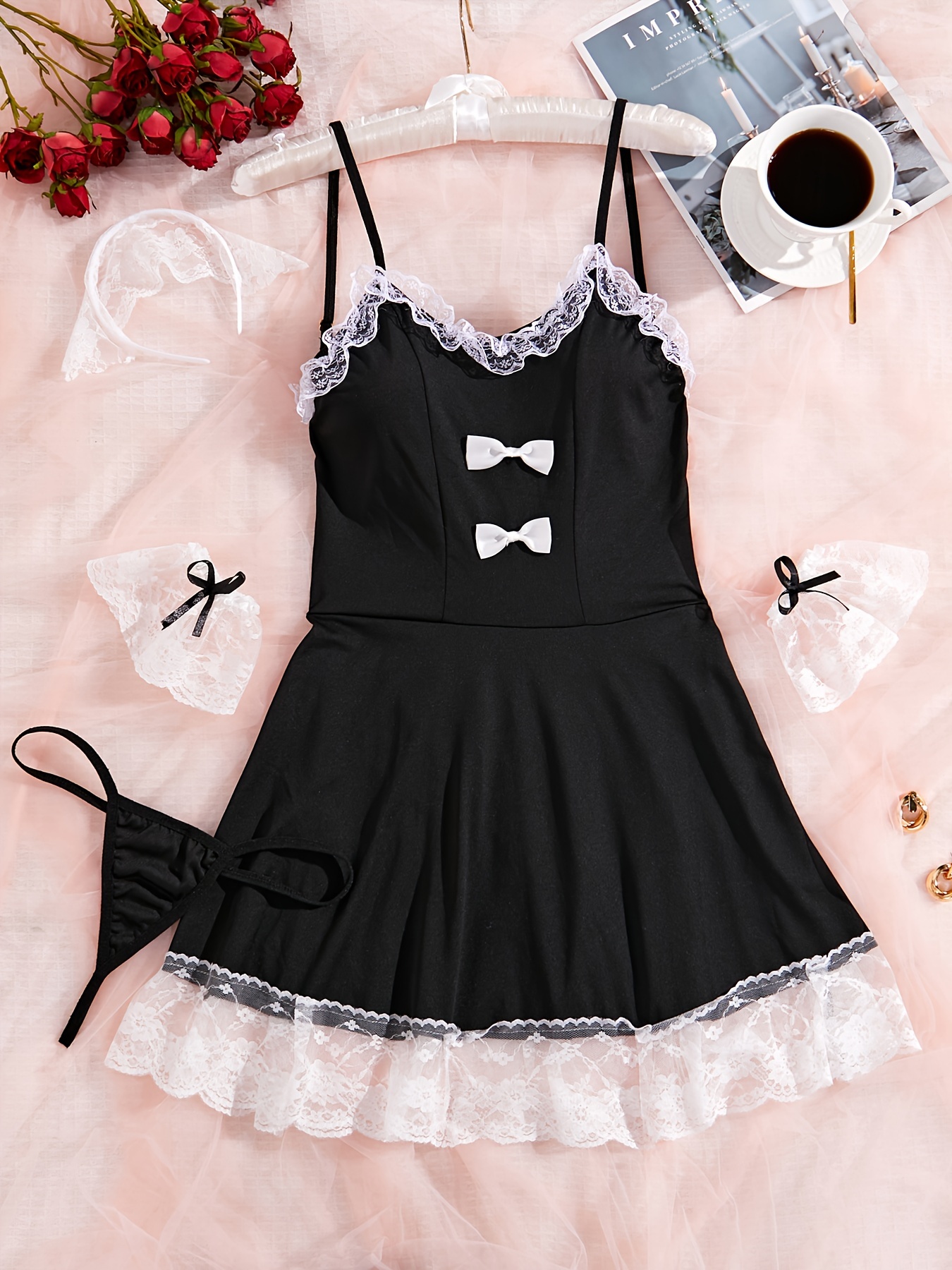 naughty maid role play costume contrast lace bow tie backless slip dress womens sexy lingerie underwear