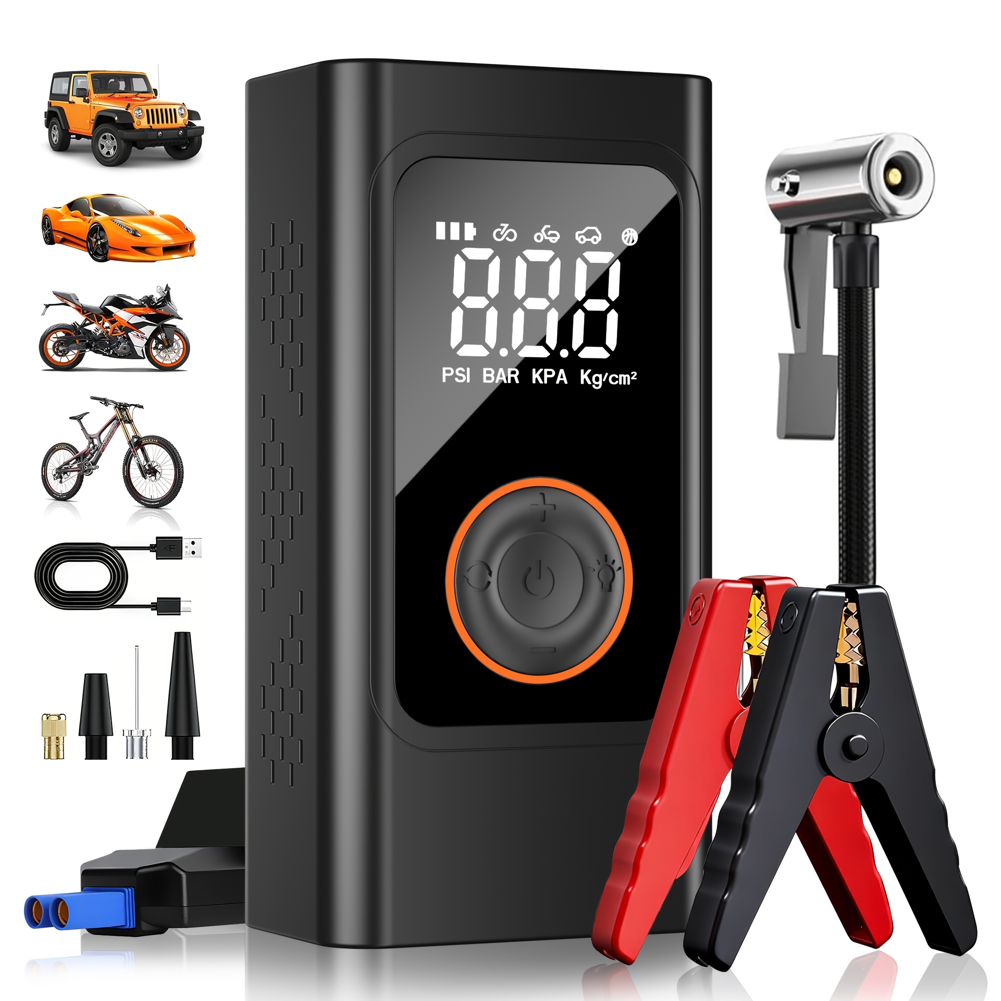 E-shop Auto Starthilfe mit Luftkompressor, kabelloser Reifenfüller, 8000A Batterie Booster mit Powerbank & LED-Taschenlampen, 12V Auto Starthilfe Box