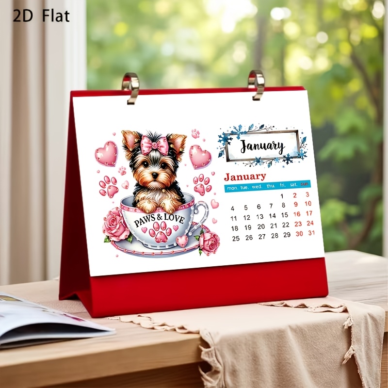 TEMU 1pc 2027 Heart Puppy Diamond Painting Calendar With Monthly Display Stand - Diy Suitable For Desk Decor, Holiday Calendar For New Year,