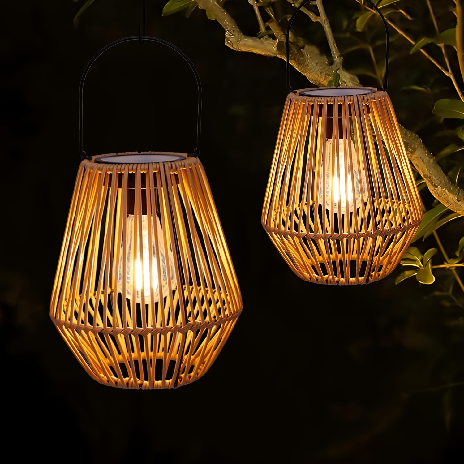 TEMU 2 Pack Solar Lanterns Outdoor, Boho Rattan Wicker Solar Lights, Waterproof Hanging For Garden, Yard, Porch, Trees, Lawn & Pathway Decoration