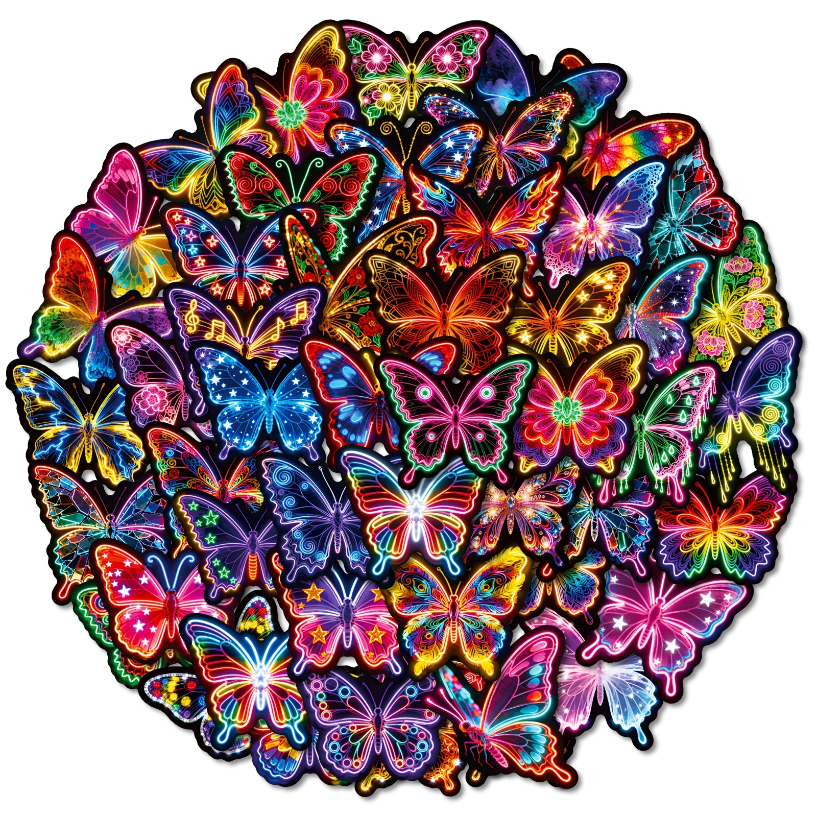 50 Neon Colorful Stickers | Self-adhesive, Glossy Finish, Single Use, For Cups, Fridges, Luggage, Laptops - Polypropylene Material