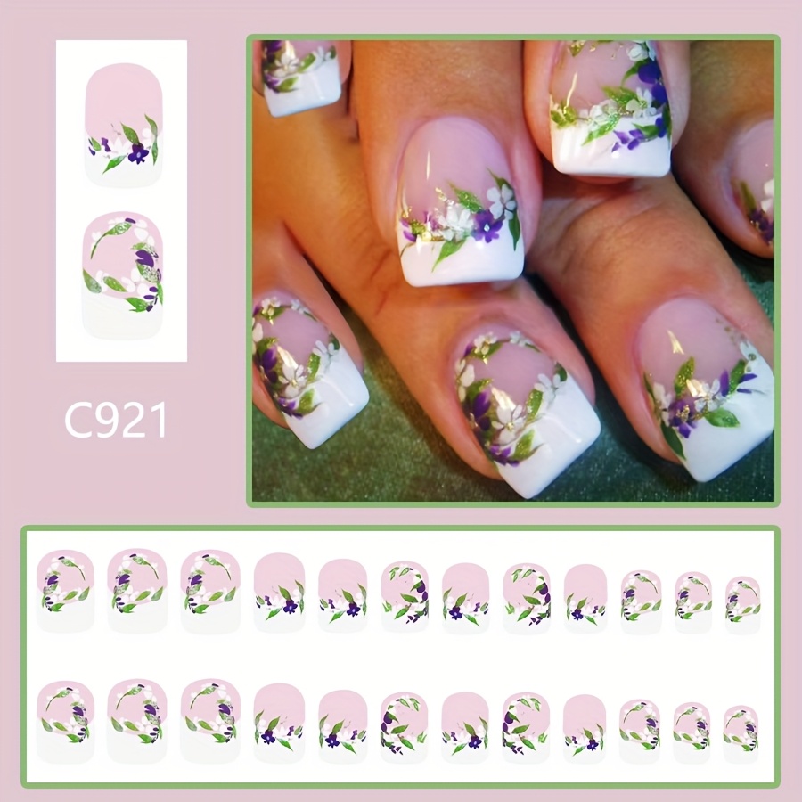 Image of 24pcs Short Glossy Square Press-on Fake Nails, European And American Purple And White Floral Botanical Pattern Press-on Nails, Reusable Fake Nail Set For Women, Suitable For Ladies And For Daily Wear
