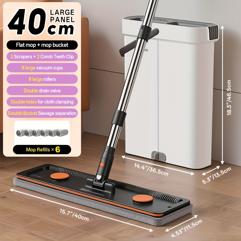 E-shop Großes Flachmopp-Set mit Auswringgerät, Handsfreier Kommerzieller Bodenmopp und Eimer für Tiefenreinigung, Nass & Trocken, -/Trockentank-, 2