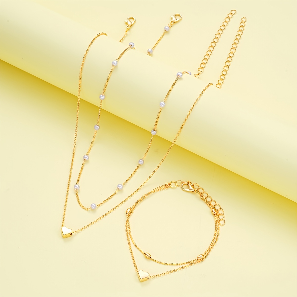 Alternative view of Juego de joyería para mujer, 3 piezas, estilo minimalista elegante, collar doble capa y pulsera de perlas…