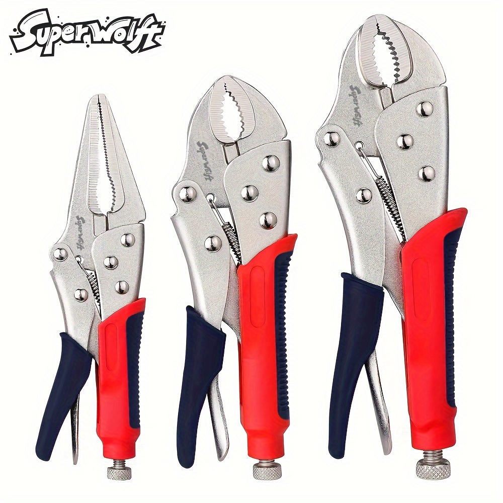 

3pcs Locking Pliers Set - 10" Curved, 7" Curved & 6.5" Straight - Carbon Steel Industrial Tools, Adjustable Pliers