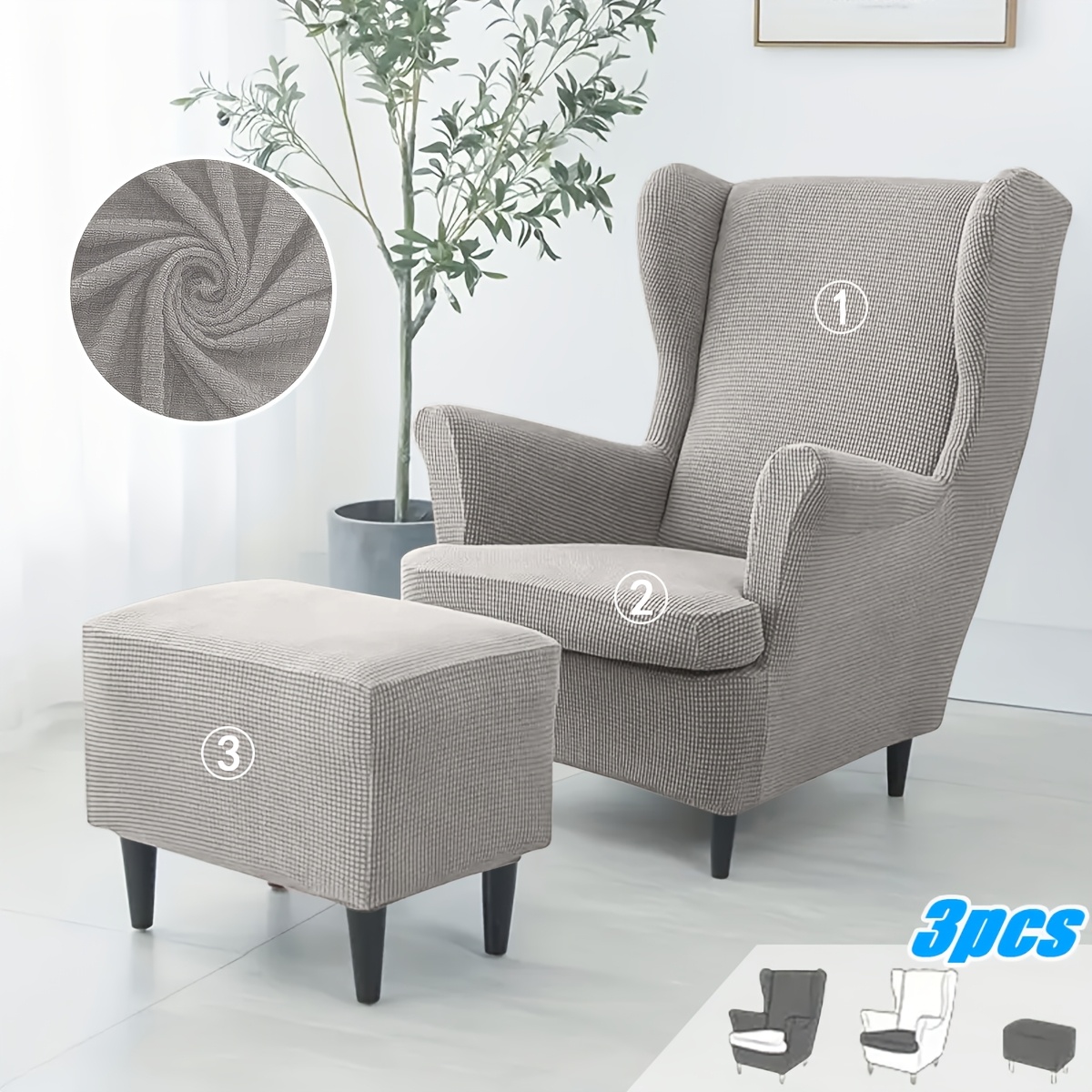 E-shop 3er-Set Stretch Fleece Stuhlbezüge für Wohnzimmer, Schlafzimmer, Esszimmer, Ganzjahres Universal Wing-Back Stuhlbezug, Tierfreundlich