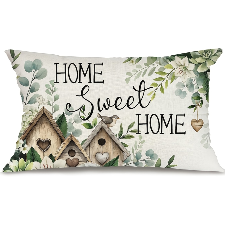 TEMU 1 pz, per cuscino primaverile "Home Sweet", decorativa con stile , casetta per uccelli ed eucalipto per , camera da letto, soggiorno