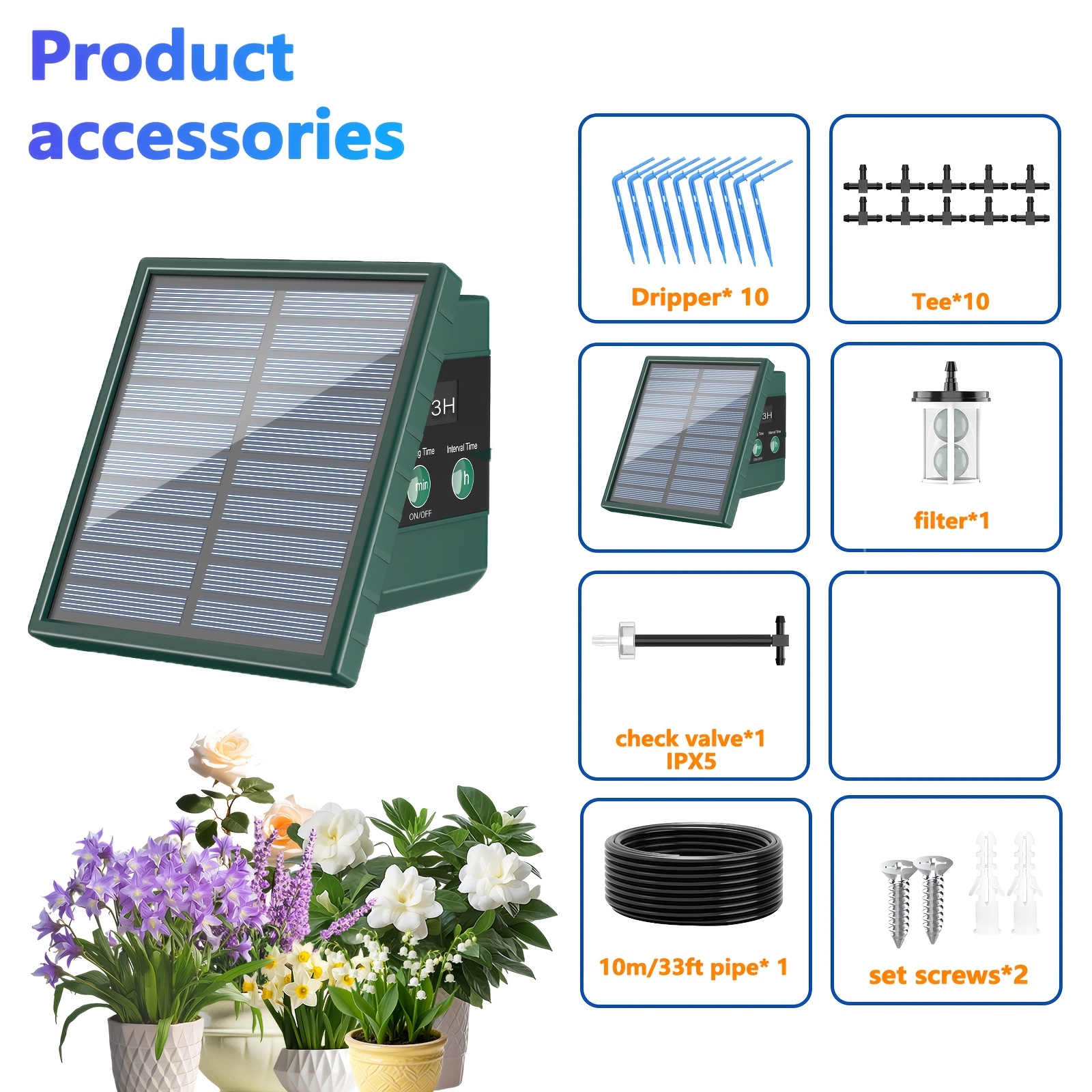 E-shop Solar Tropfbewässerungssystem Solar Bewässerungssystem für Garten, IPX5 mit Zusatzteilen Solar Bewässerungsgerät Unterstützte Pflanzen
