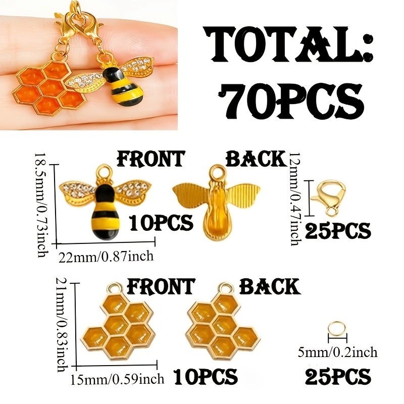 E-shop 70-teiliges Set mit glänzenden Strass-Bienen + Waben-Schlüsselanhängern, inklusive 10 Bienen, 10 Waben, 25 Karabinerhaken 25 Sprungringe.
