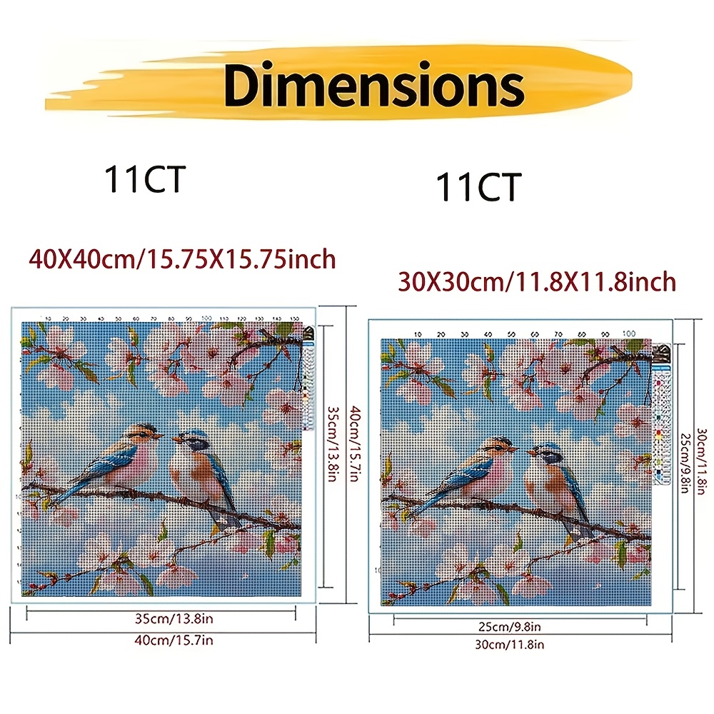 DIY Cross-Stitch Printed Kit with Two Birds on Pink Flower Branch