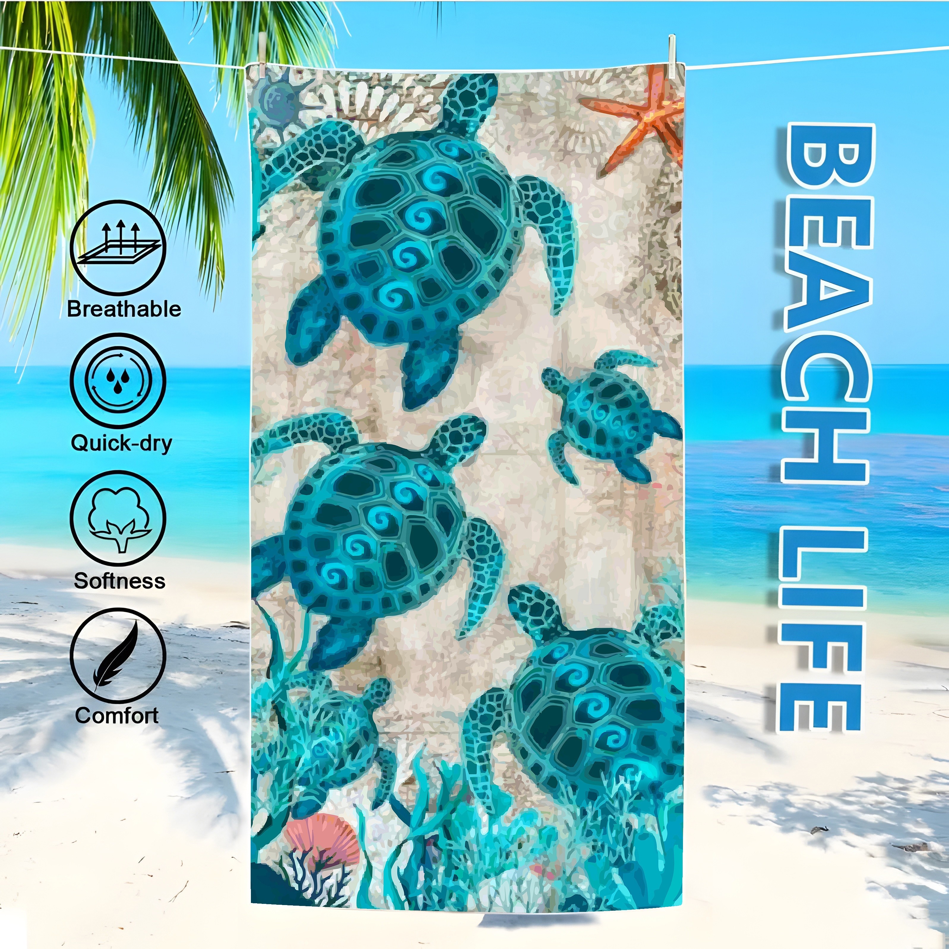 TEMU 1pc Turtle Oversized Beach Towel For Women - Lightweight, Quick Dry, Super Absorbent, 71*31.5inch, Travel Essentials