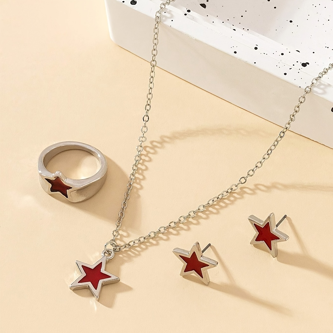 Image of 3pcs Women's Jewelry Set, Featuring A Fashionable And Minimalist -pointed Star Pendant Necklace, Earrings, And Ring, Suitable For Daily Casual Wear And As A Holiday Gift For Women