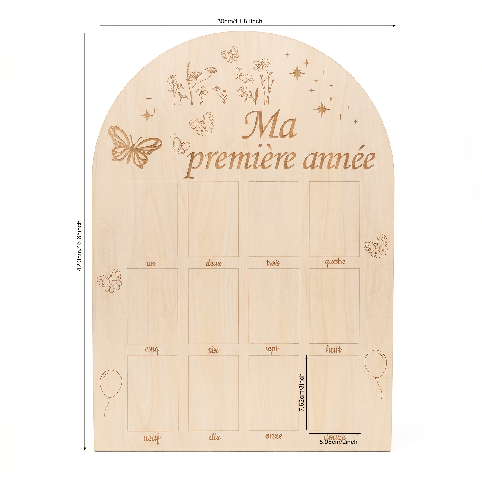 TEMU Panneau cadre photo en bois d'une seule pièce « Ma première année » de style français pour un an, avec un motif de papillon et de fleurs ,